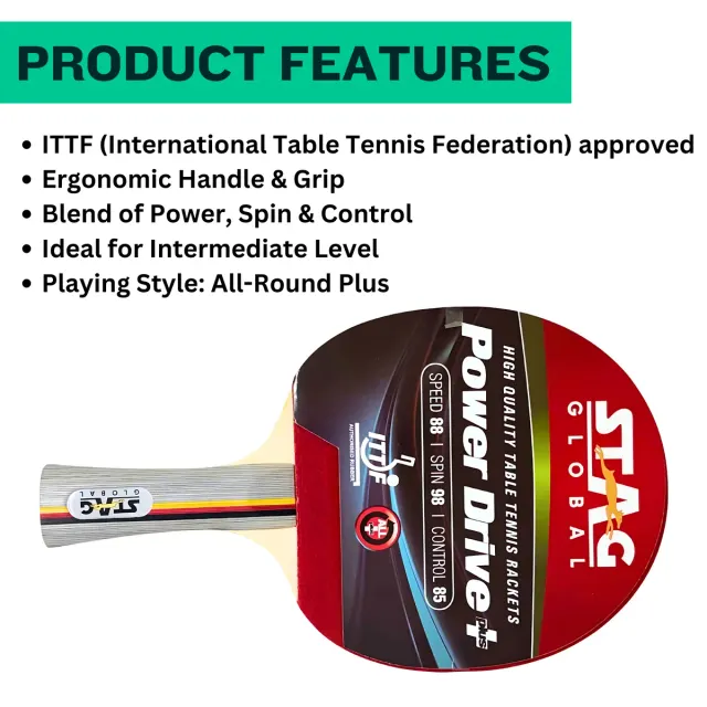Power Drive+ Table Tennis Racket – Stag